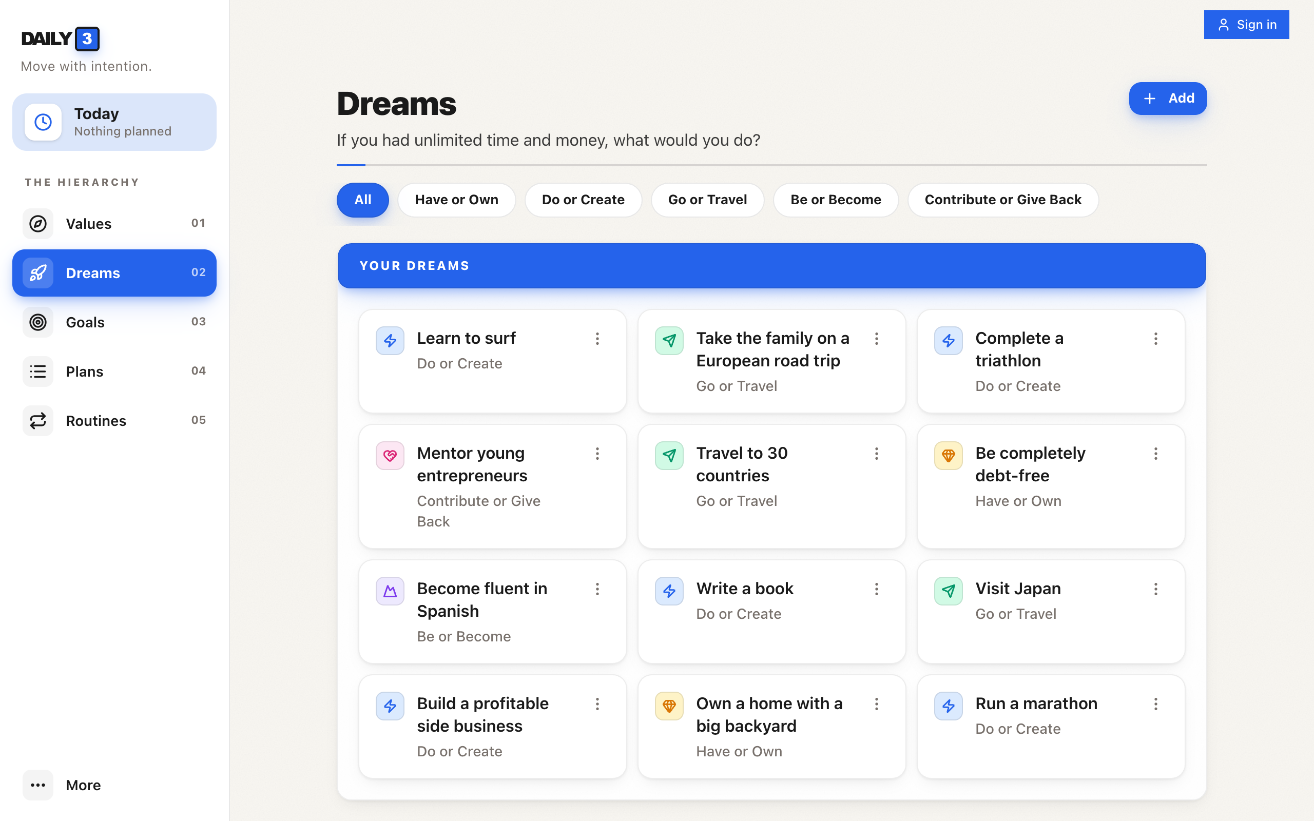 Dreams page — brainstorm everything you want in life